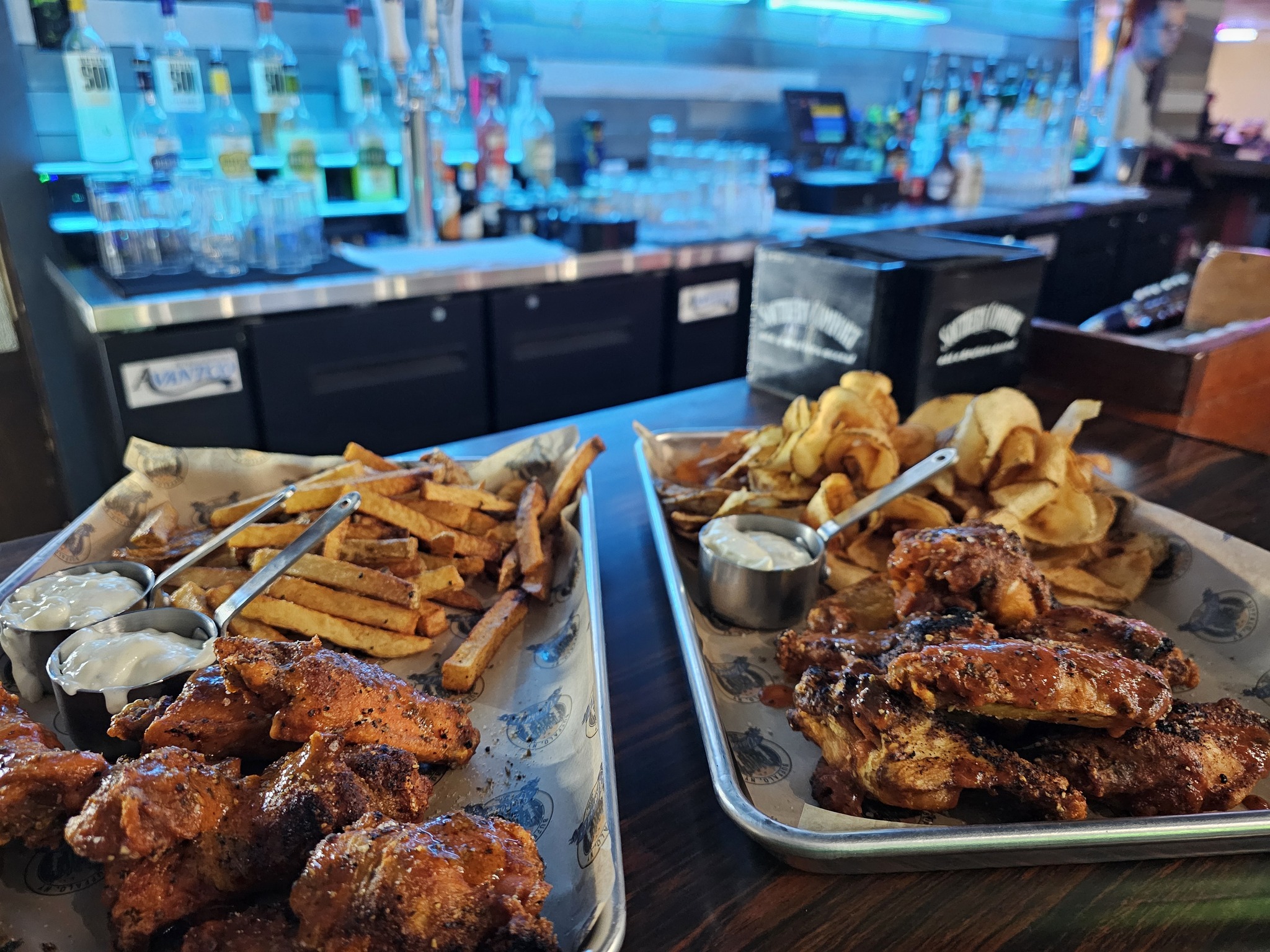 Wings and fries at Sunset Lanes bar