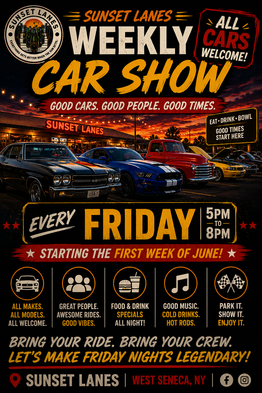 Sunset Lanes Weekly Car Show flyer — every Friday 5PM to 8PM starting the first week of June. All cars welcome in West Seneca, NY.
